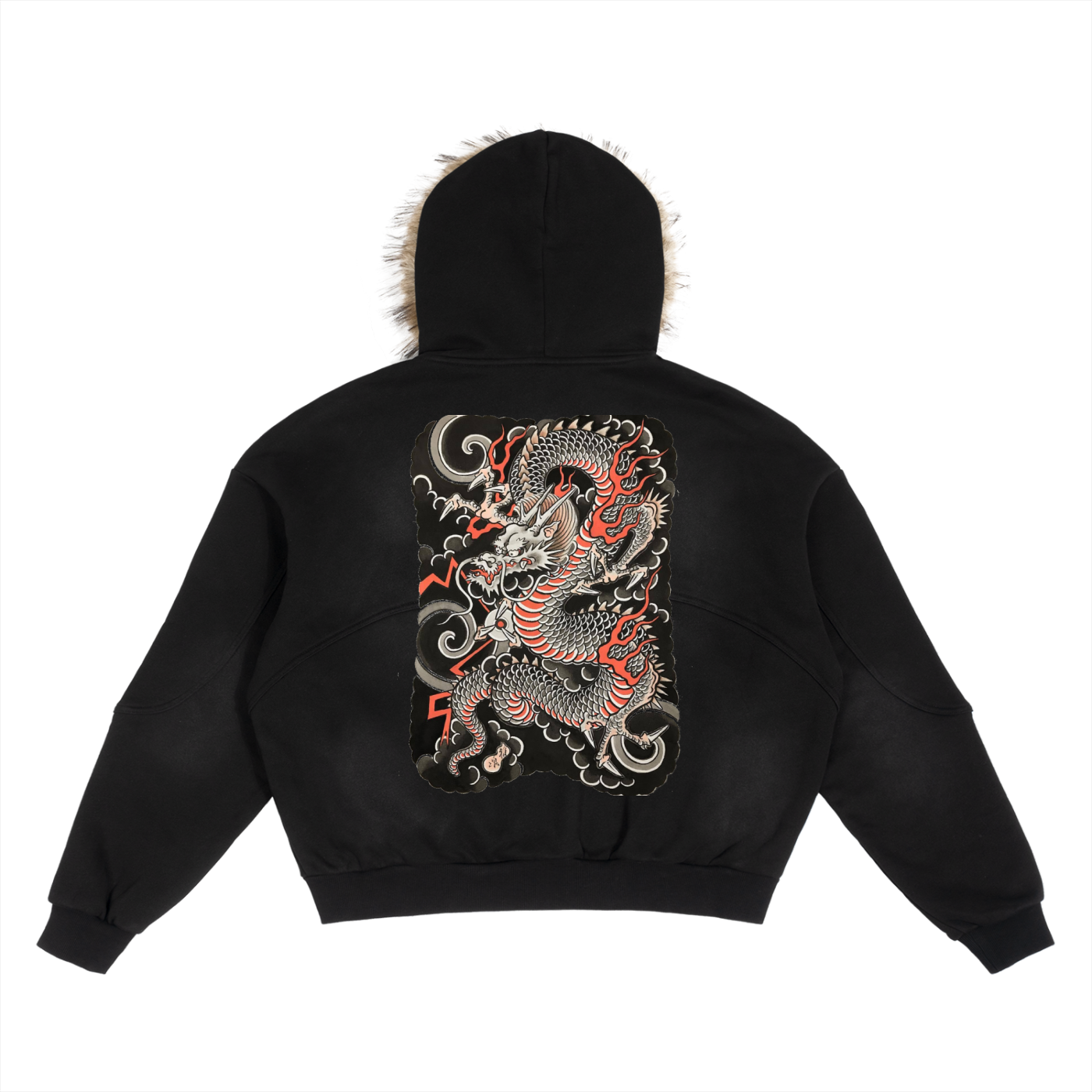 Melted Smiley Sun Fade Boxy Detachable Fur Hoodie