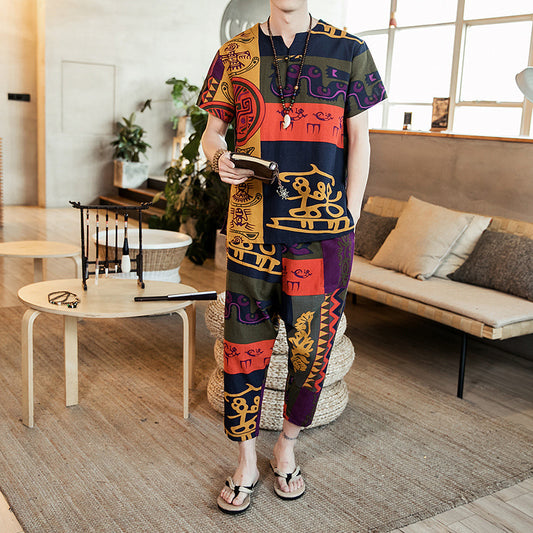 Vintage Ethnic Printed Retro Short Sleeve T Shirt + Casual Pants sets