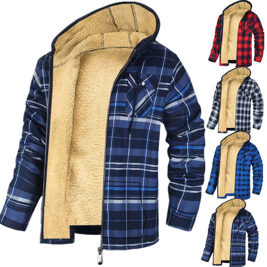 Plaid Print Hooded Zip-Up Jacket/Coat Cotton-padded