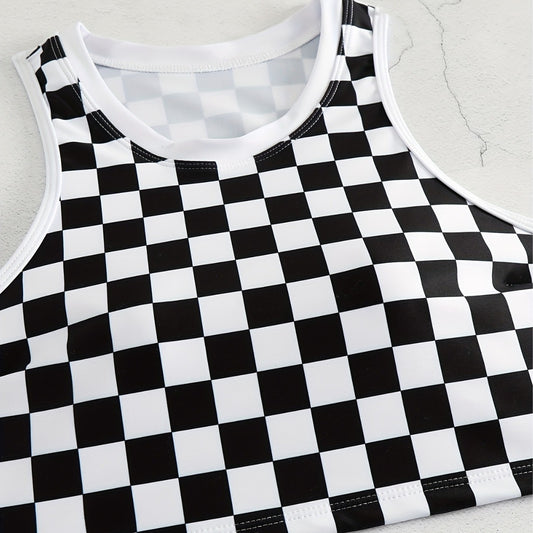 Checkered Flag Swimsuit With Suspender And Backless Sporty Style