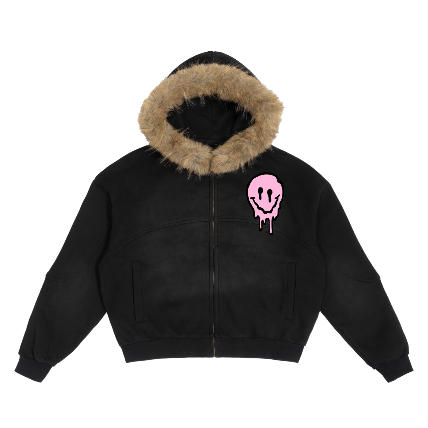 Melted Smiley Sun Fade Boxy Detachable Fur Hoodie