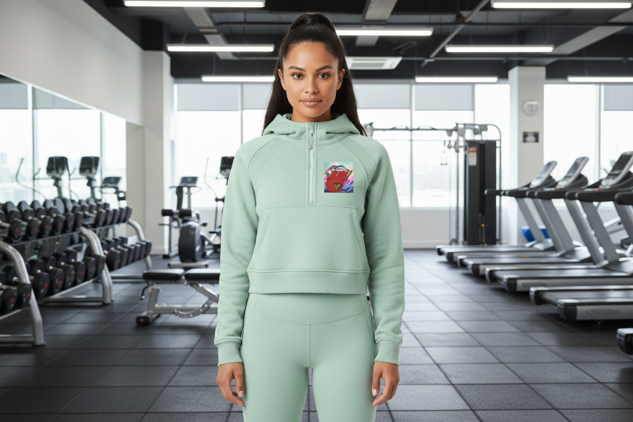 Woman wearing a light green hoodie and leggings set on a white background