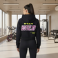 Show the back of this same hoodie with the same female model.