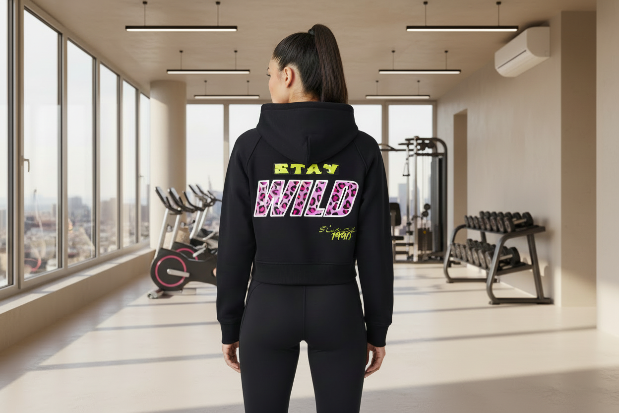 Show the back of this same hoodie with the same female model.